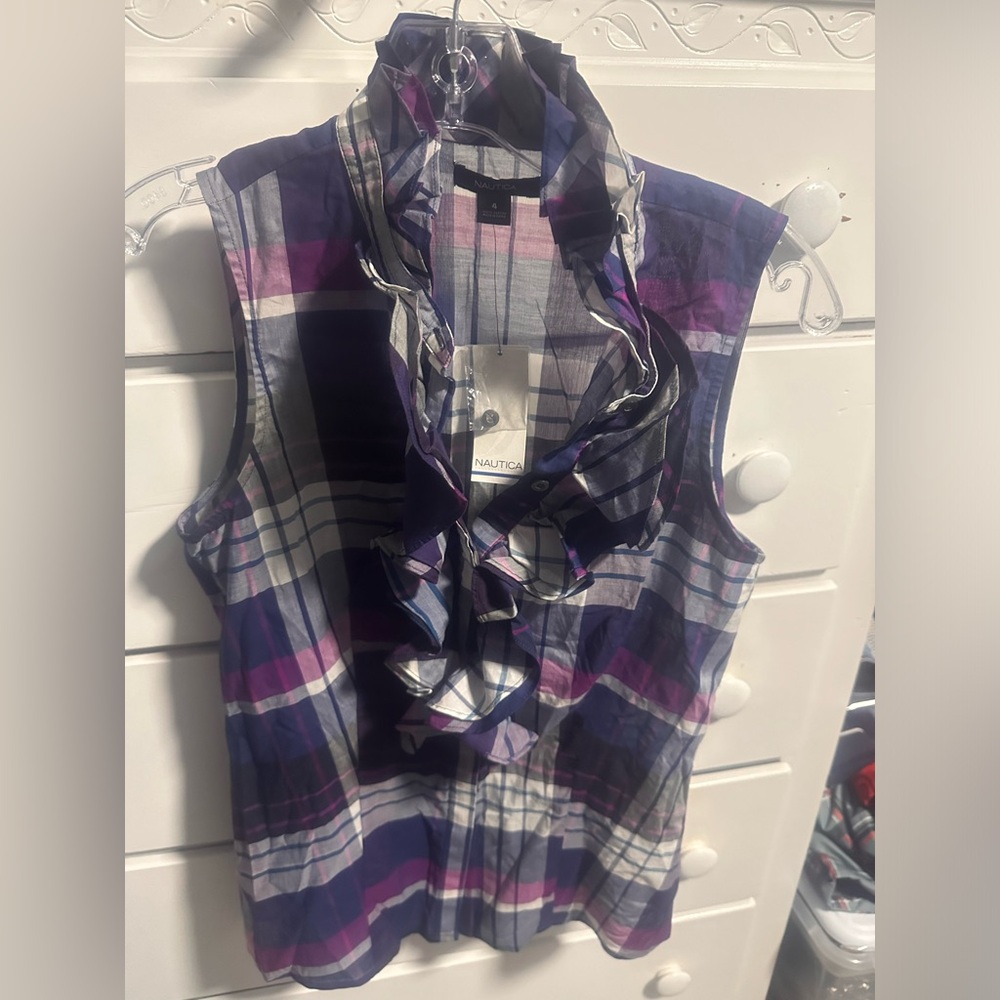 Nautica Purple Sleeveless Button down shirt Ruffle Detail Womens Size 4 NEW